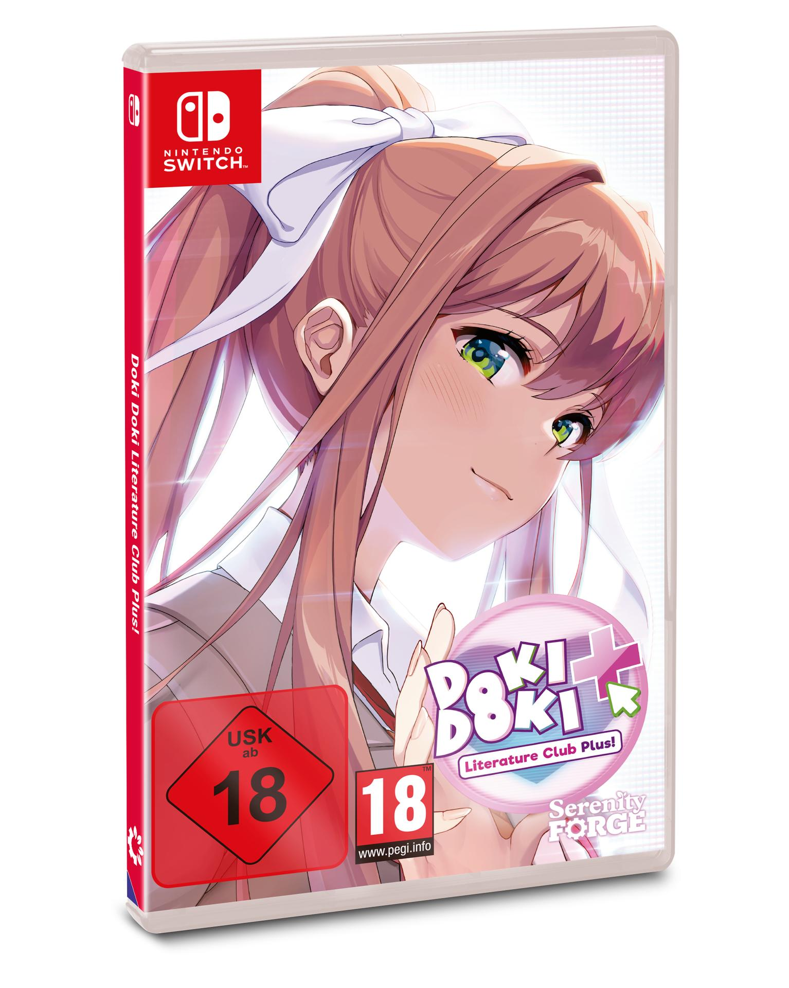 Nintendo Switch Spielhülle für Doki Doki Literature Club Plus! mit Anime-Mädchen, Logo und Altersfreigabe. Roter Rücken mit Spieletitel.