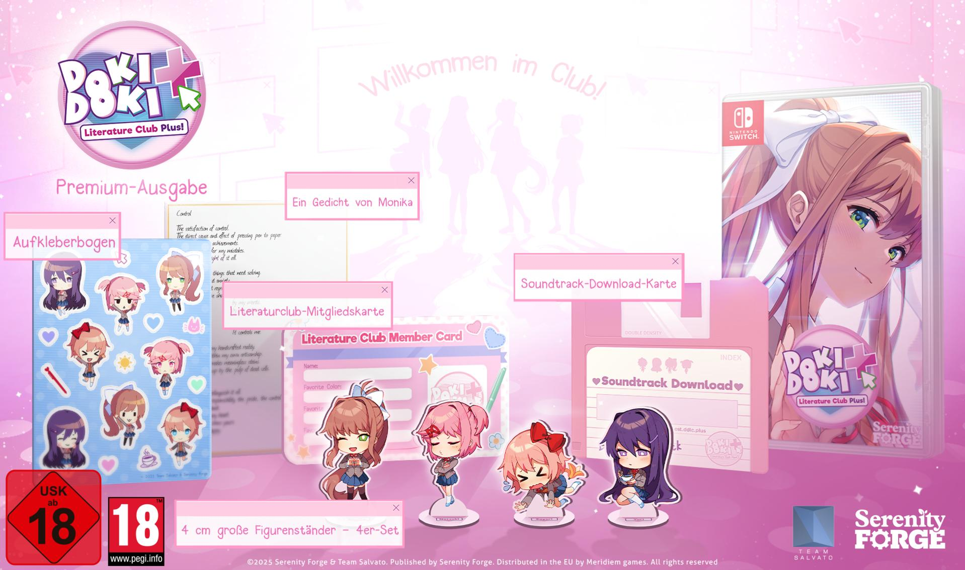 Doki Doki Literature Club Plus! Box-Set mit Spiel, Aufklebern, Karten, Figuren und Soundtrack-Download.