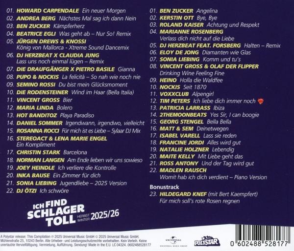 Albumcover mit Titelliste und Interpreten, hauptsächlich textbasiert, in lila und blauen Farbtönen.