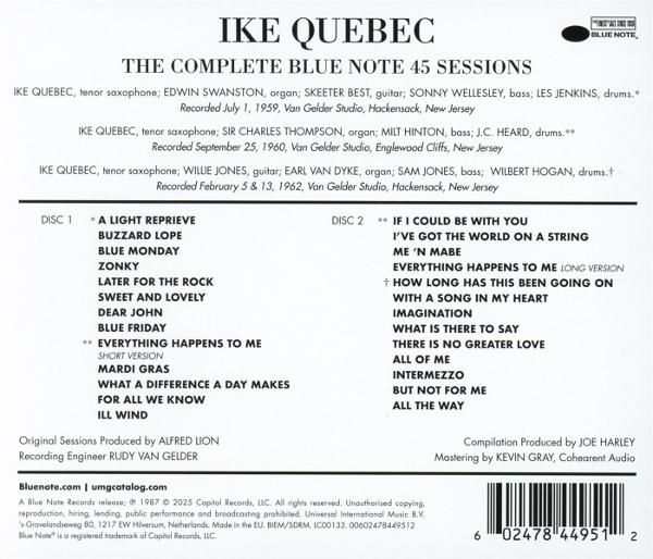 Albumcover: Ike Quebec. Text mit Songtiteln und Musikernamen. Blue Note Logo oben rechts.