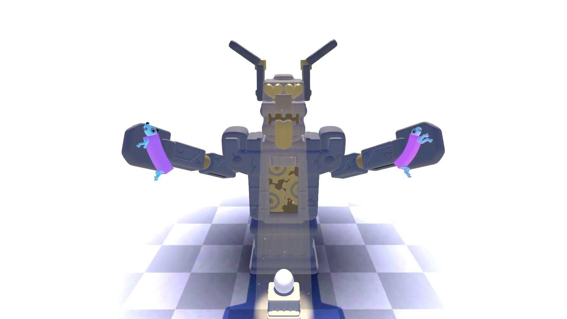 Ein Roboter hält zwei lila Kreaturen. Eine leuchtende Kugel sitzt auf einem Sockel vor dem Roboter auf einem karierten Boden.