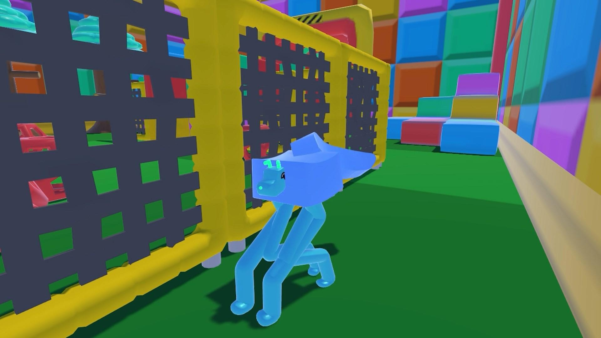 Ein blaues, geometrisches Wesen mit langen Beinen steht neben einer gelben Struktur mit einem dunklen Gitter. Bunte Blöcke bilden den Hintergrund.