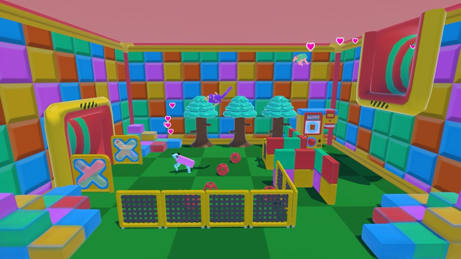 Buntes Spielzimmer mit Bäumen, Hindernissen und schwebenden Figuren. Die Wände haben Blockmuster. Rosa und blaue Charaktere sind vorhanden.