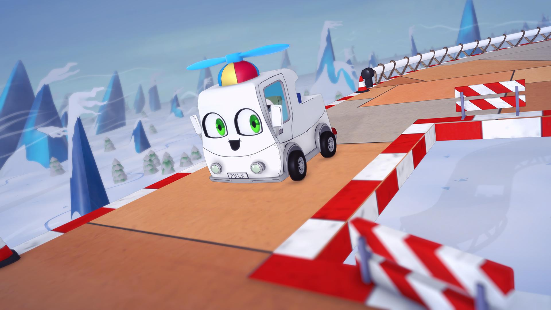 Ein Cartoon-Milchwagen mit Propeller auf dem Dach fährt auf einer schneebedeckten Strecke. Berge sind im Hintergrund. Rote und weiße Barrieren.