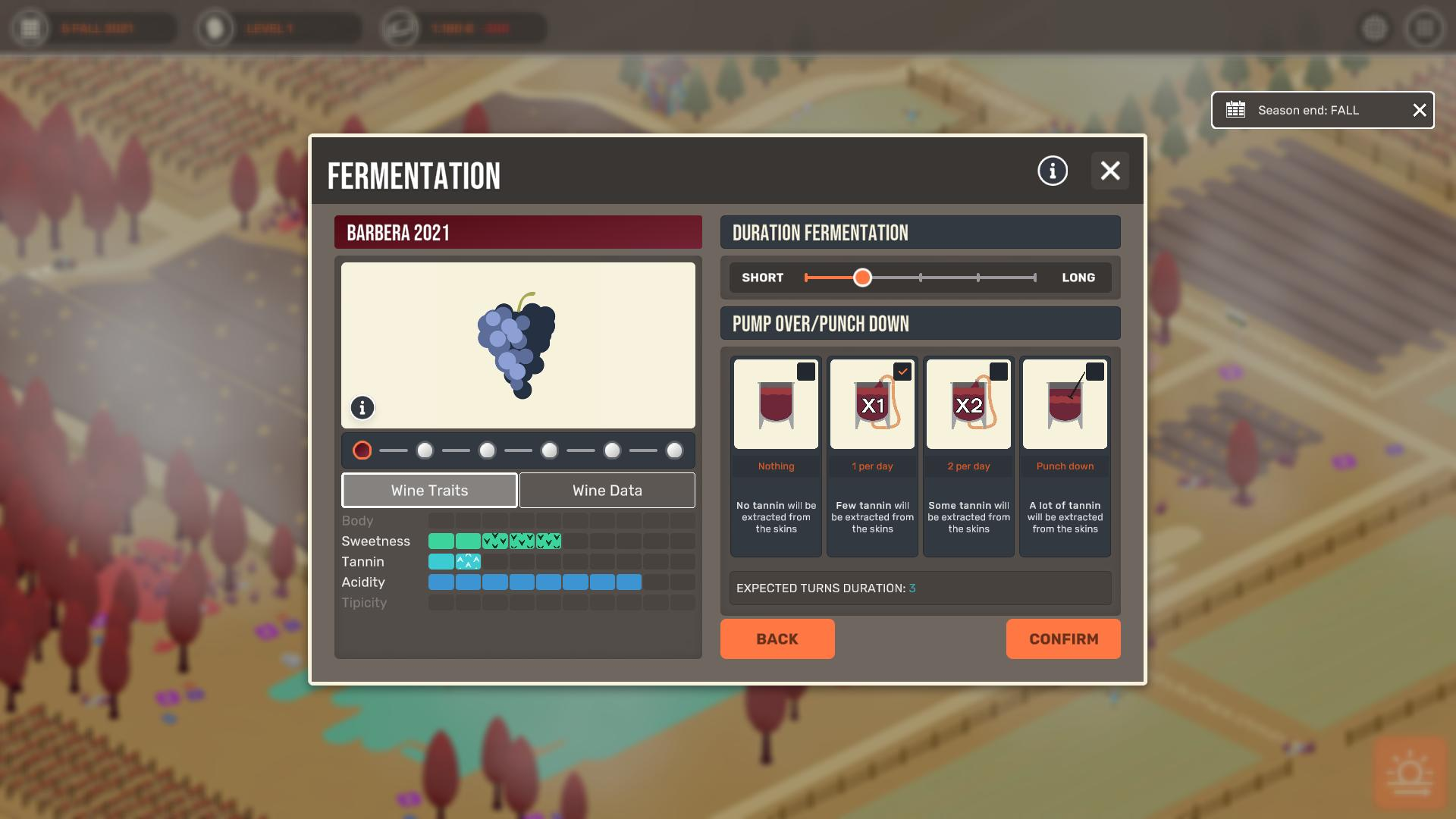 Ein Spielinterface mit Gärungsoptionen für Barbera 2021 Wein. Enthält Dauer, Pumpoptionen und Weineigenschaften.