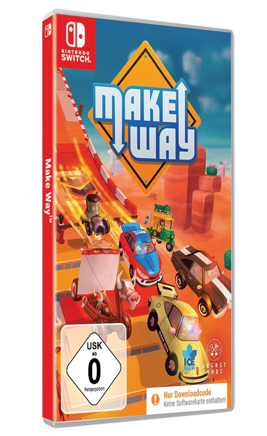 Das Spiel-Box-Art für 'Make Way' zeigt Cartoon-Autos, die auf einer Wüstenrennstrecke fahren. Das Nintendo Switch-Logo ist sichtbar.