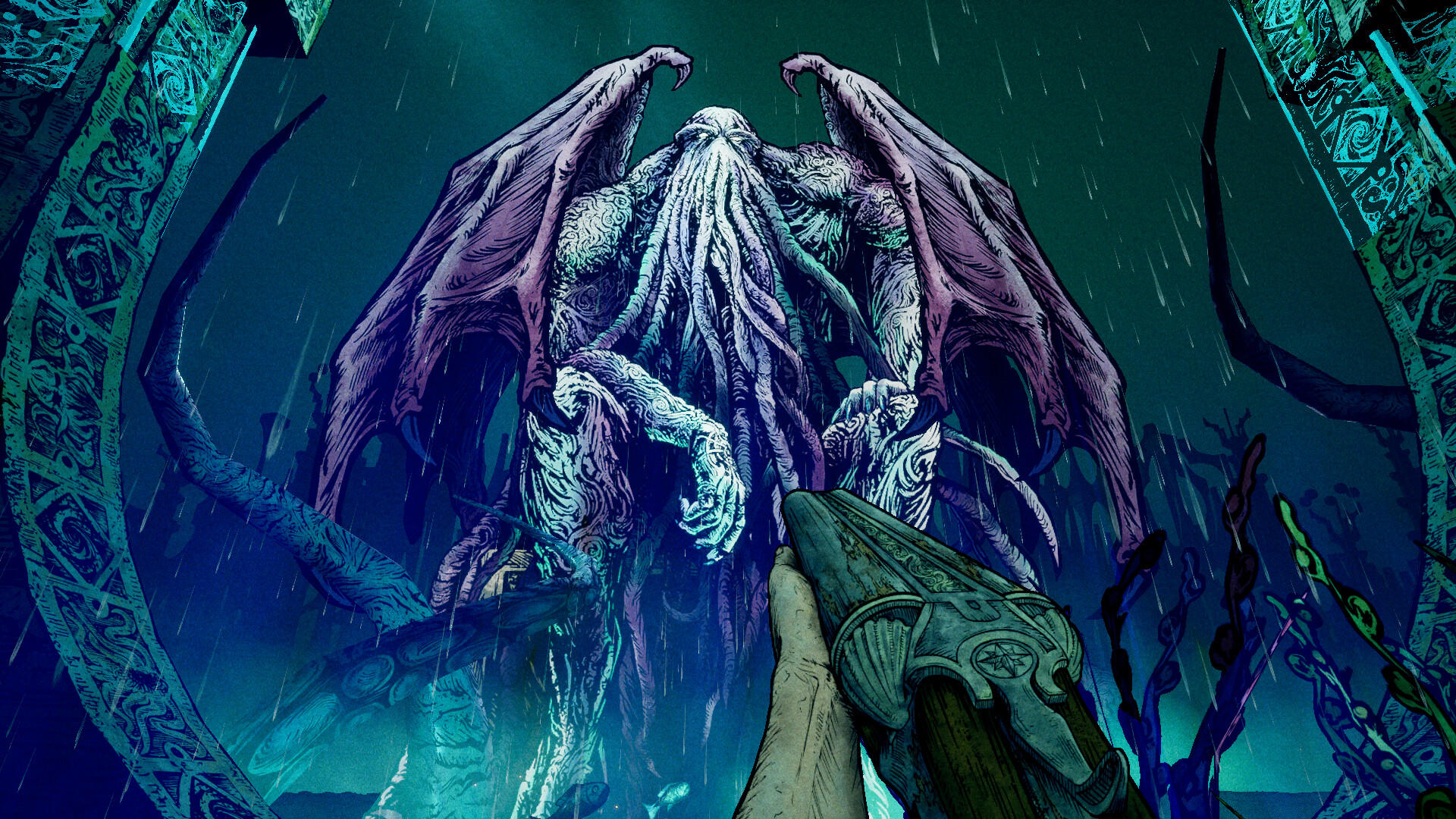 Eine Illustration von Cthulhu, einem monströsen Wesen mit Flügeln, Tentakeln und einer menschenähnlichen Form, aus der Ego-Perspektive betrachtet.