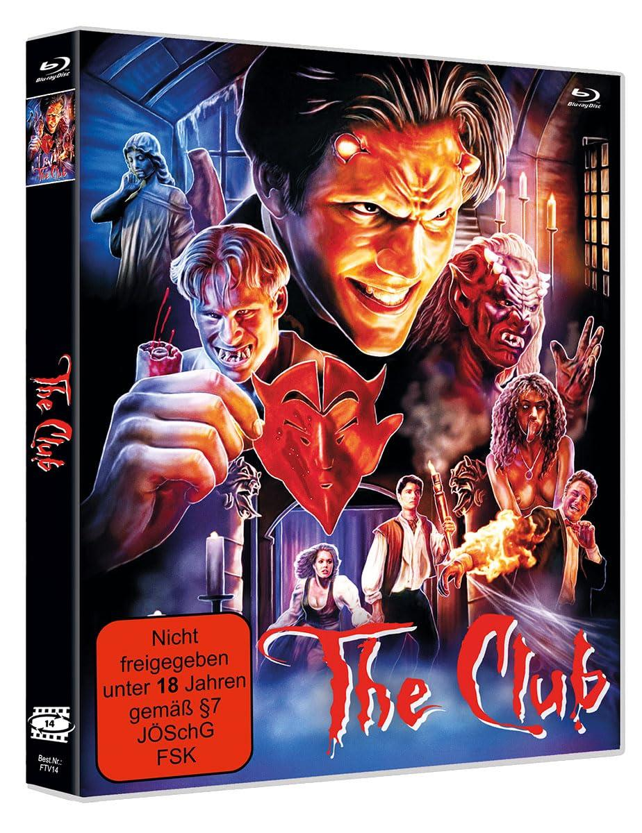 DVD-Cover für 'The Club'. Enthält dämonische Figuren, ein teuflisches Gesicht und einen Haftungsausschluss. Der Titel ist rot.