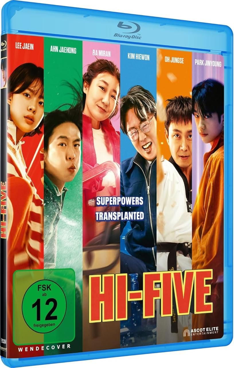 Blu-ray-Disc-Cover mit Gesichtern von Schauspielern. Titel: Hi-Five. Text: Superpowers Transplanted. Bewertung: FSK ab 12.