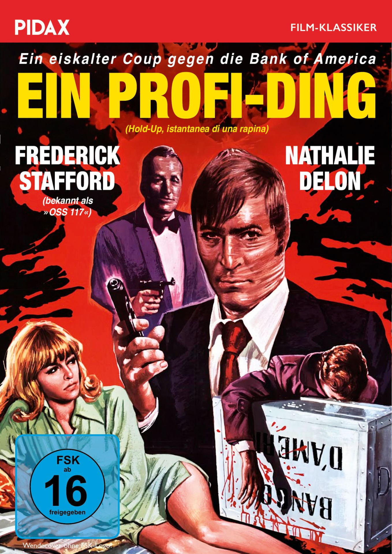 Filmposter: Männer mit Waffen, eine Frau und eine blutbefleckte Kiste. Text enthält Schauspielernamen und Filmtitel.