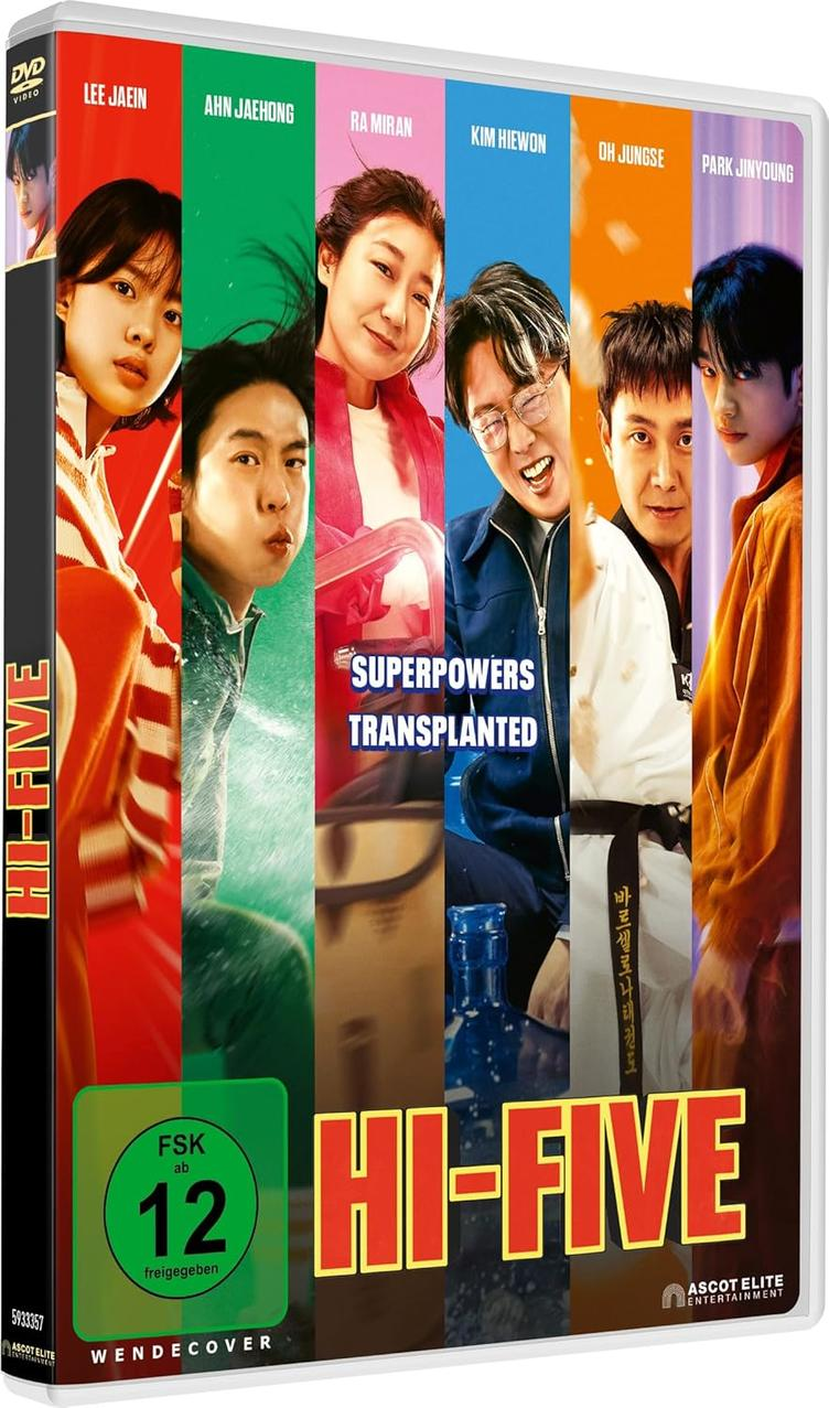 DVD-Cover für den Film 'Hi-Five'. Zeigt Gesichter von Schauspielern in farbigen Panels. Text enthält 'Superpowers Transplanted', 'FSK 12'.
