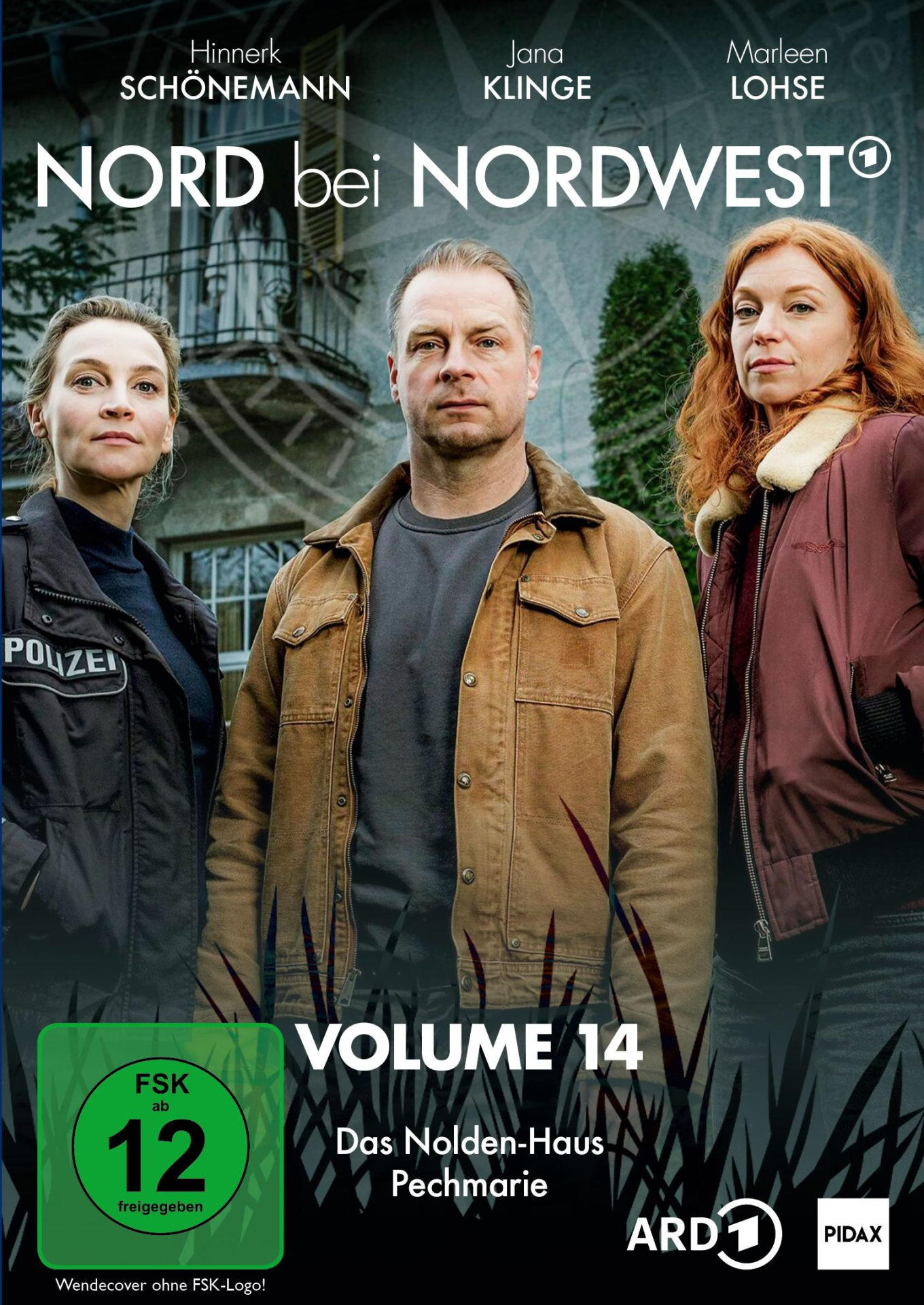 Poster für eine Fernsehsendung: Drei Personen stehen vor einem Gebäude. Text: Nord bei Nordwest, Band 14 und Namen der Schauspieler.