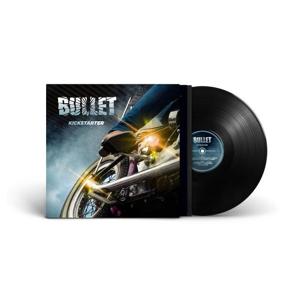 Albumcover und Schallplatte. Cover zeigt Motorraddetail, Jeans und das Wort 'BULLET'. Die Schallplatte ist schwarz mit blauem Label.
