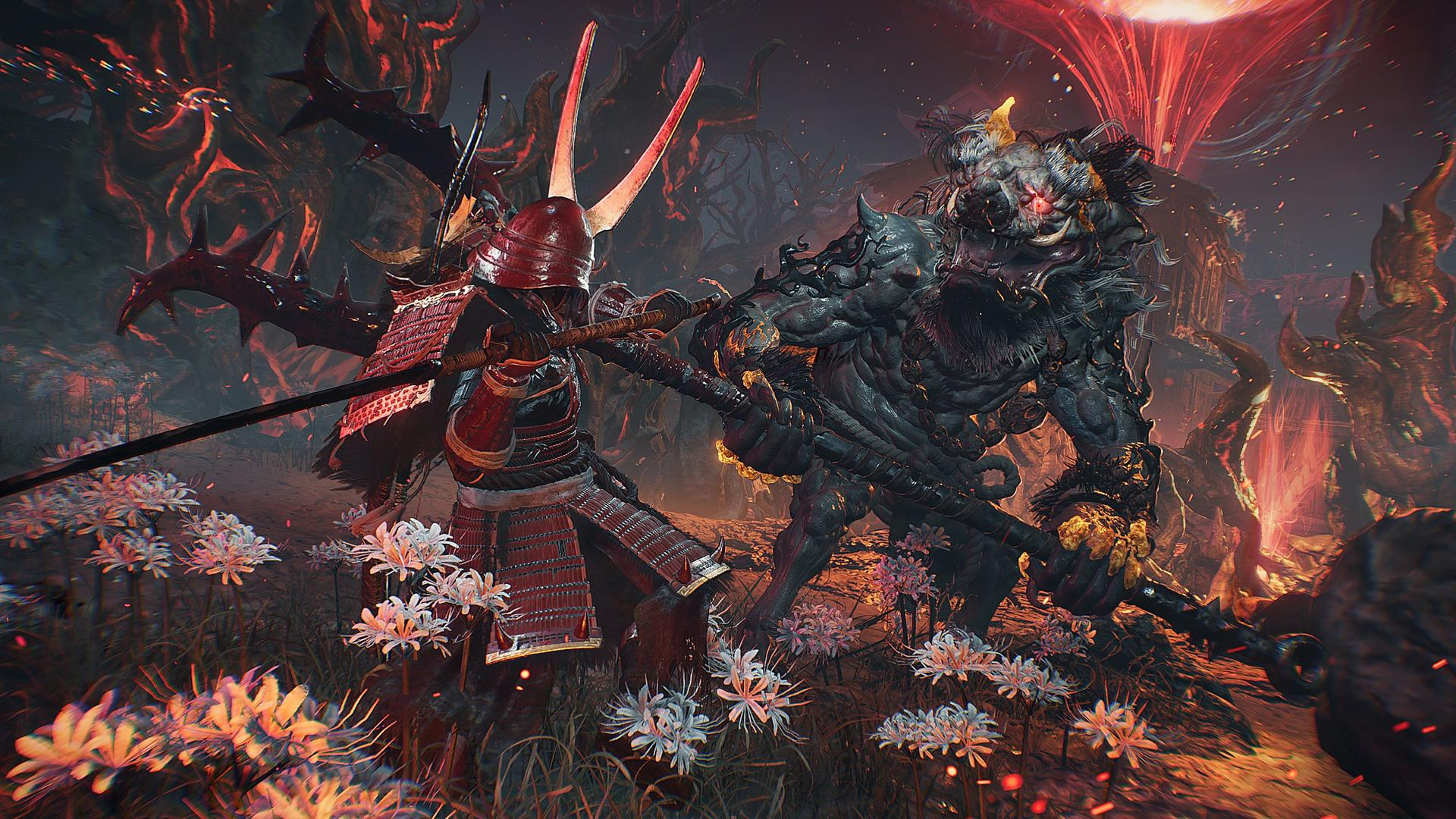 Ein Samurai in roter Rüstung kämpft gegen ein großes Monster mit einer Keule. Der Hintergrund ist eine feurige, höllische Landschaft mit Blumen.