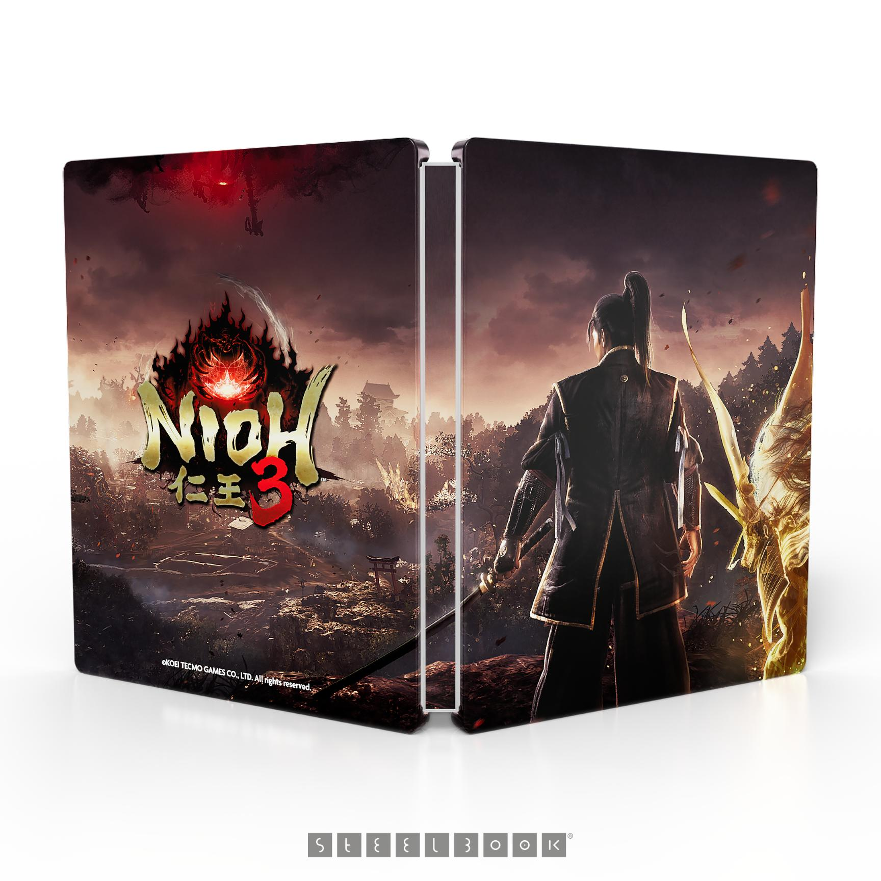 Steelbook-Cover des Spiels Nioh 3. Ein Samurai steht mit einem Schwert. Der Hintergrund zeigt eine Kampfszene mit rotem Himmel.