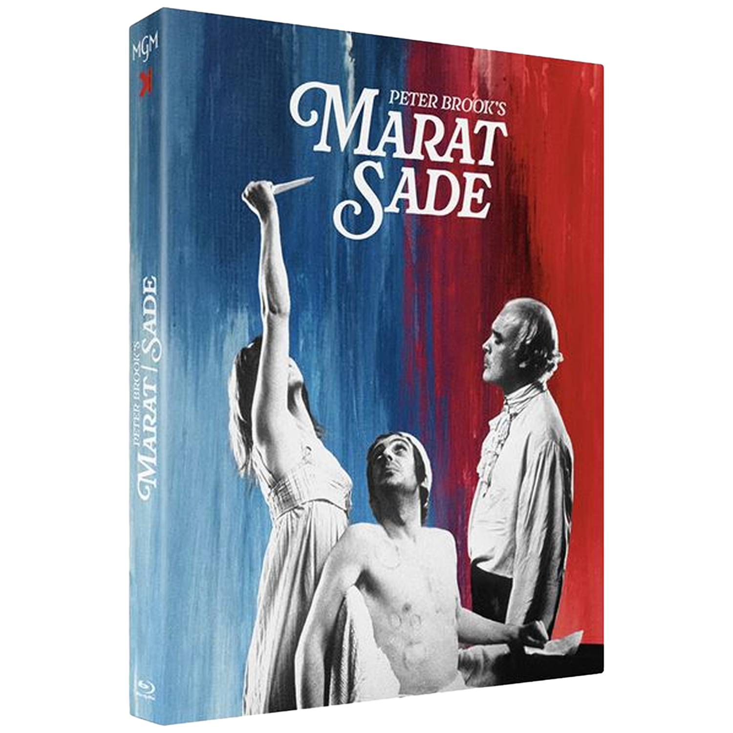 DVD-hoes. Vrouw met mes, twee mannen, blauw/rode achtergrond. Titel: Peter Brook's Marat/Sade.