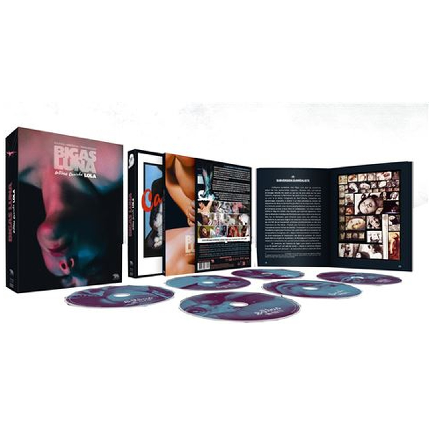 Un coffret DVD de 'Bigas Luna' avec disques, un livre et un visuel de boîte avec un visage et des figures partiellement nues. Couleurs pourpre, bleu et noir.