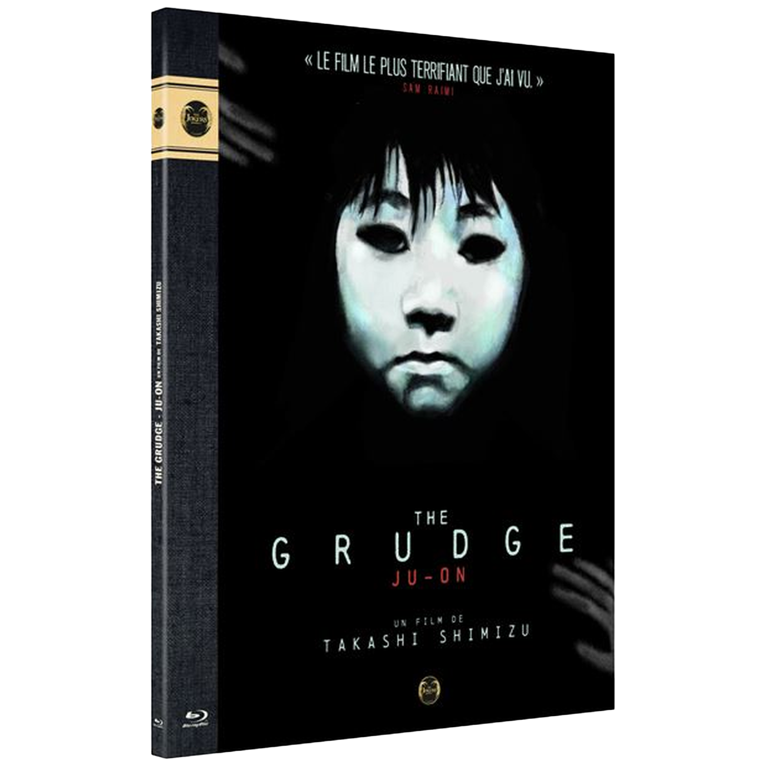 Couverture du film The Grudge Ju-On. Un visage pâle émerge de l'obscurité. Le texte comprend le titre du film et le nom du réalisateur.