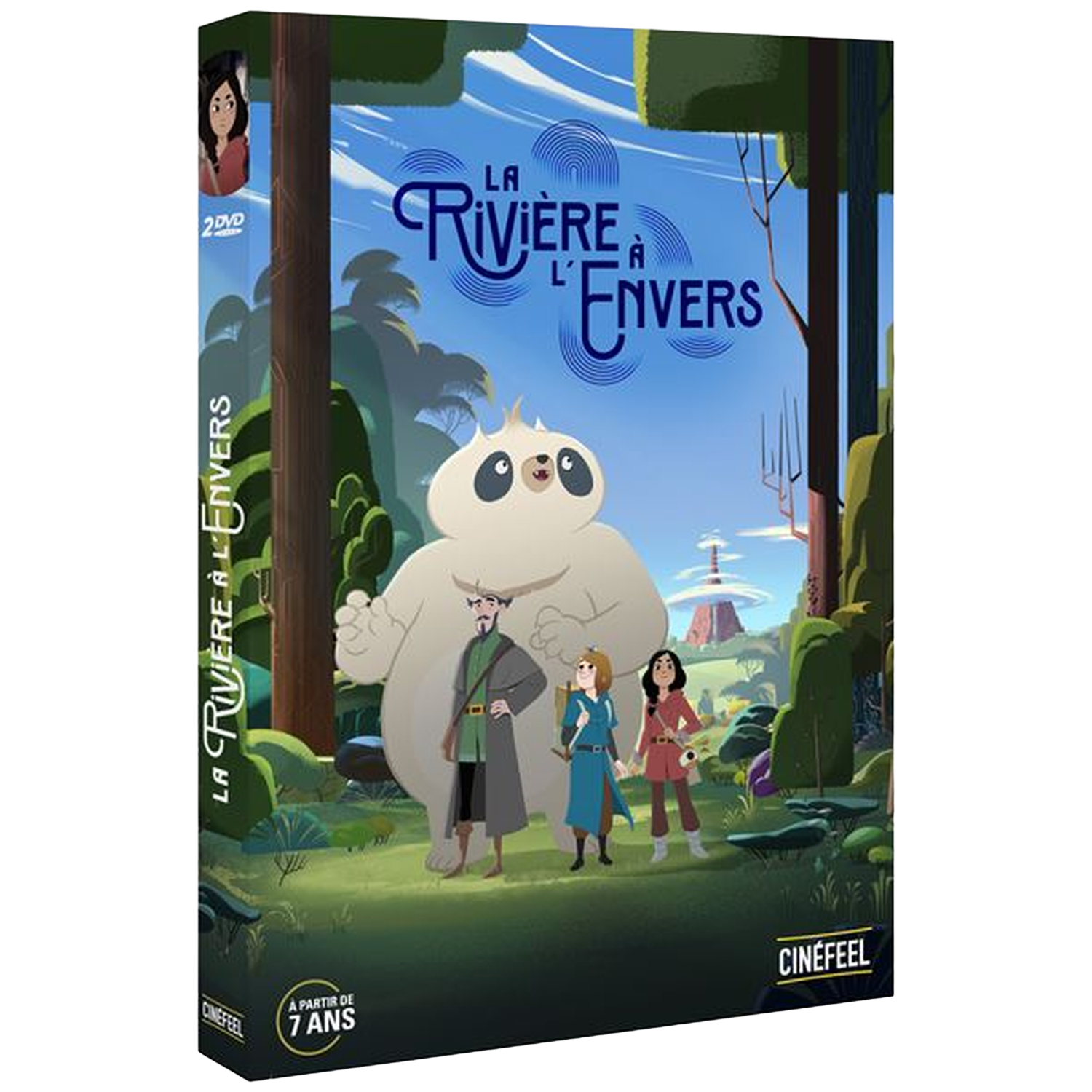 DVD-cover van "La Rivière à l'Envers". Toont een luiaard-achtig personage, drie mensen en een gestileerd landschap met bomen en een toren.