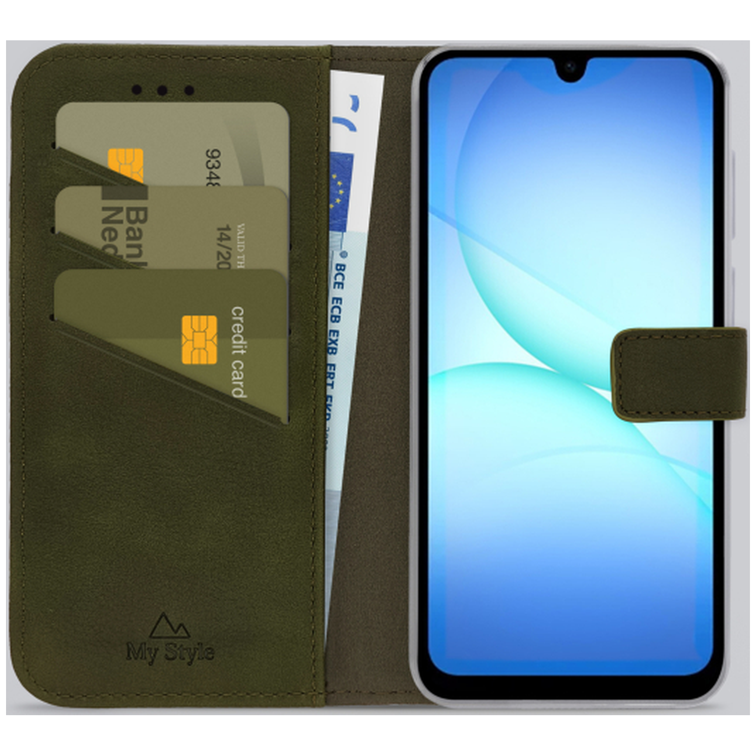 Étui de téléphone vert olive ouvert, montrant un smartphone, cartes de crédit et un billet. L'étui est de My Style.
