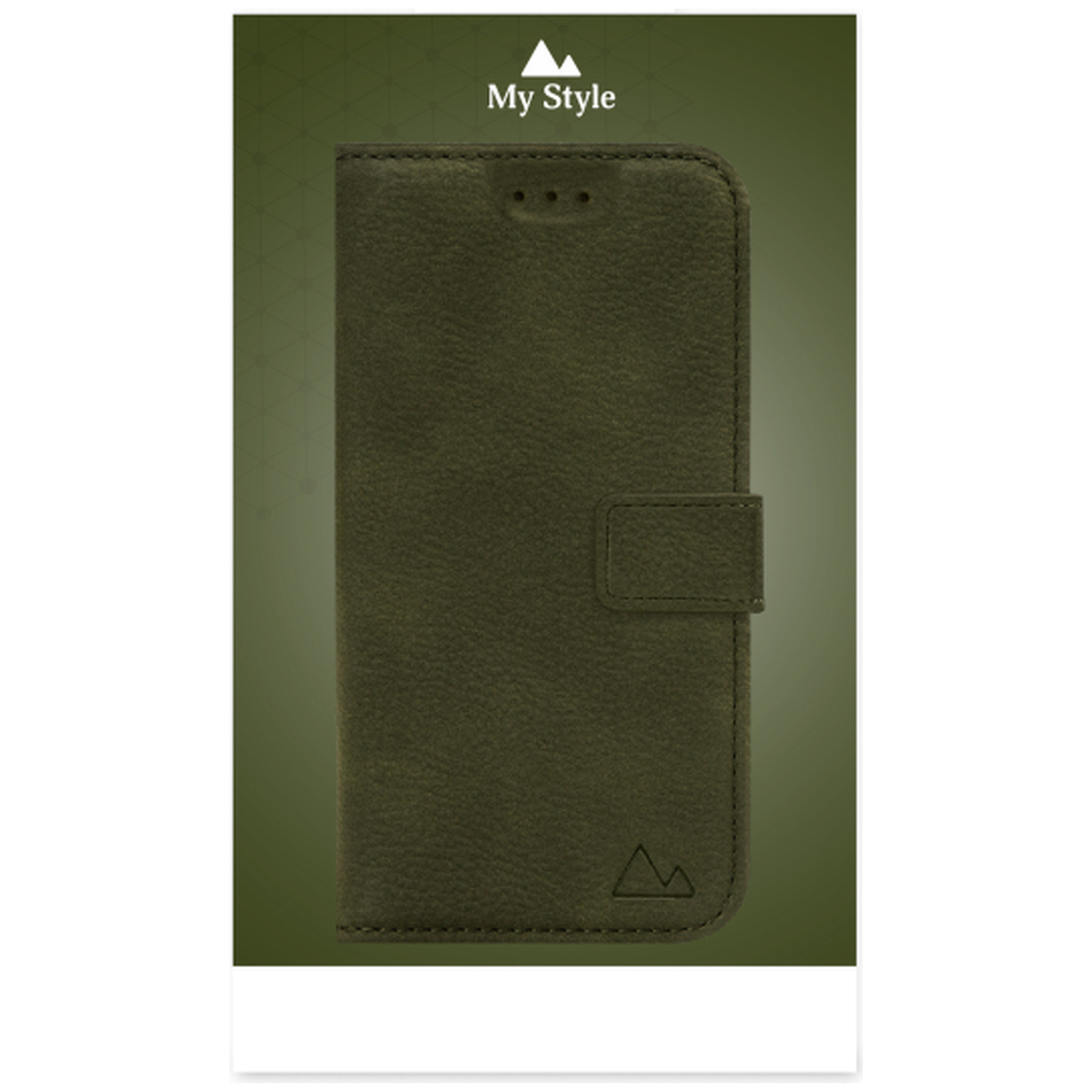 Étui de téléphone en cuir vert olive. Comporte un fermoir magnétique, une surface texturée et un petit logo montagne en bas.