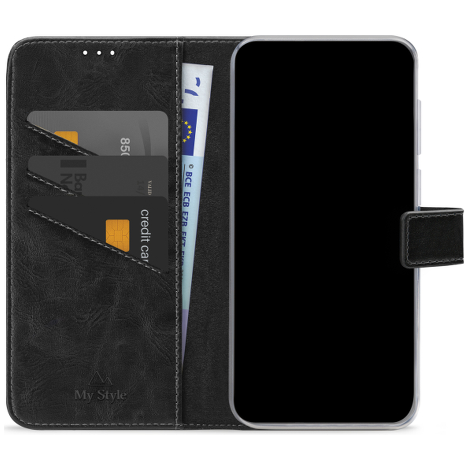 Zwarte telefoonhoes met een smartphone. Bevat creditcards en een biljet. Het telefoonscherm is zwart.