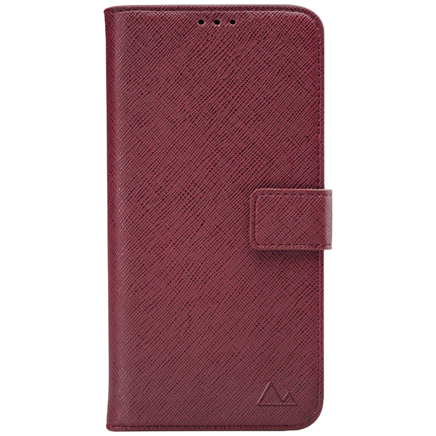 Un étui de téléphone bordeaux avec une surface texturée, une fermeture magnétique et un logo montagne en bas.