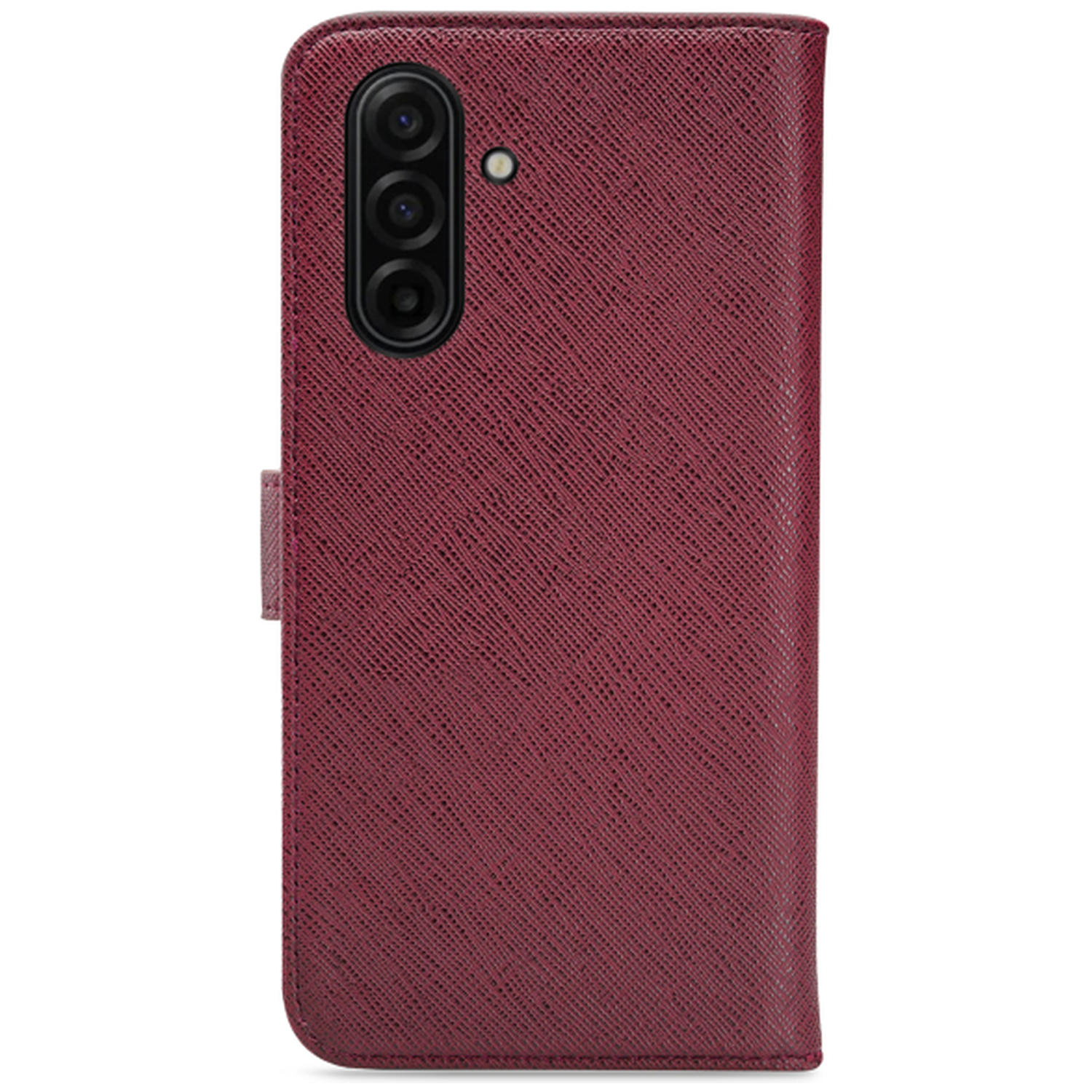 Un étui de téléphone bordeaux avec une surface texturée. Il possède une découpe pour l'appareil photo et une fermeture magnétique. L'étui est fermé.