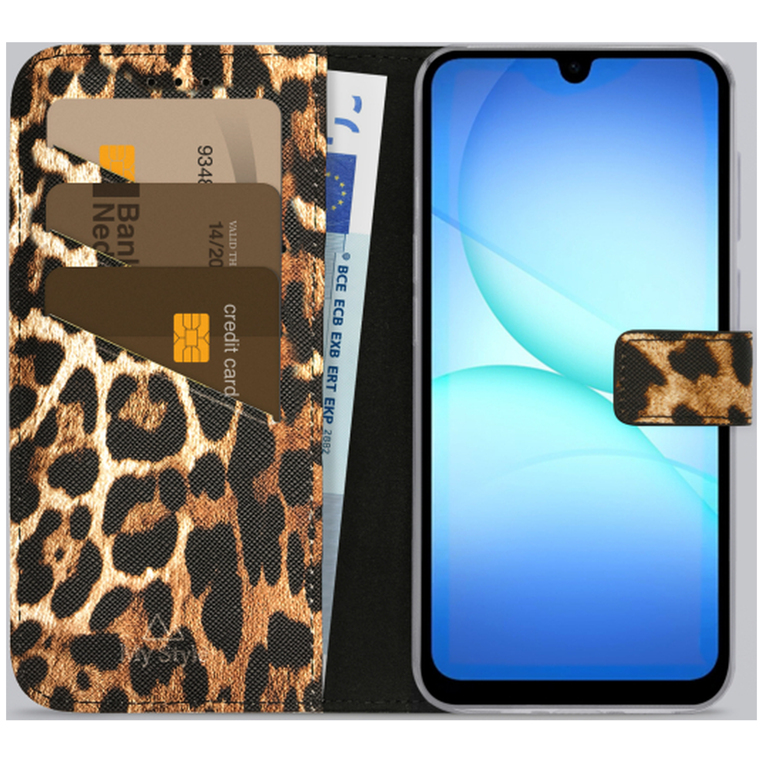 Étui de téléphone ouvert avec imprimé léopard. A l'intérieur, des cartes de crédit et un smartphone à écran bleu. Un billet.