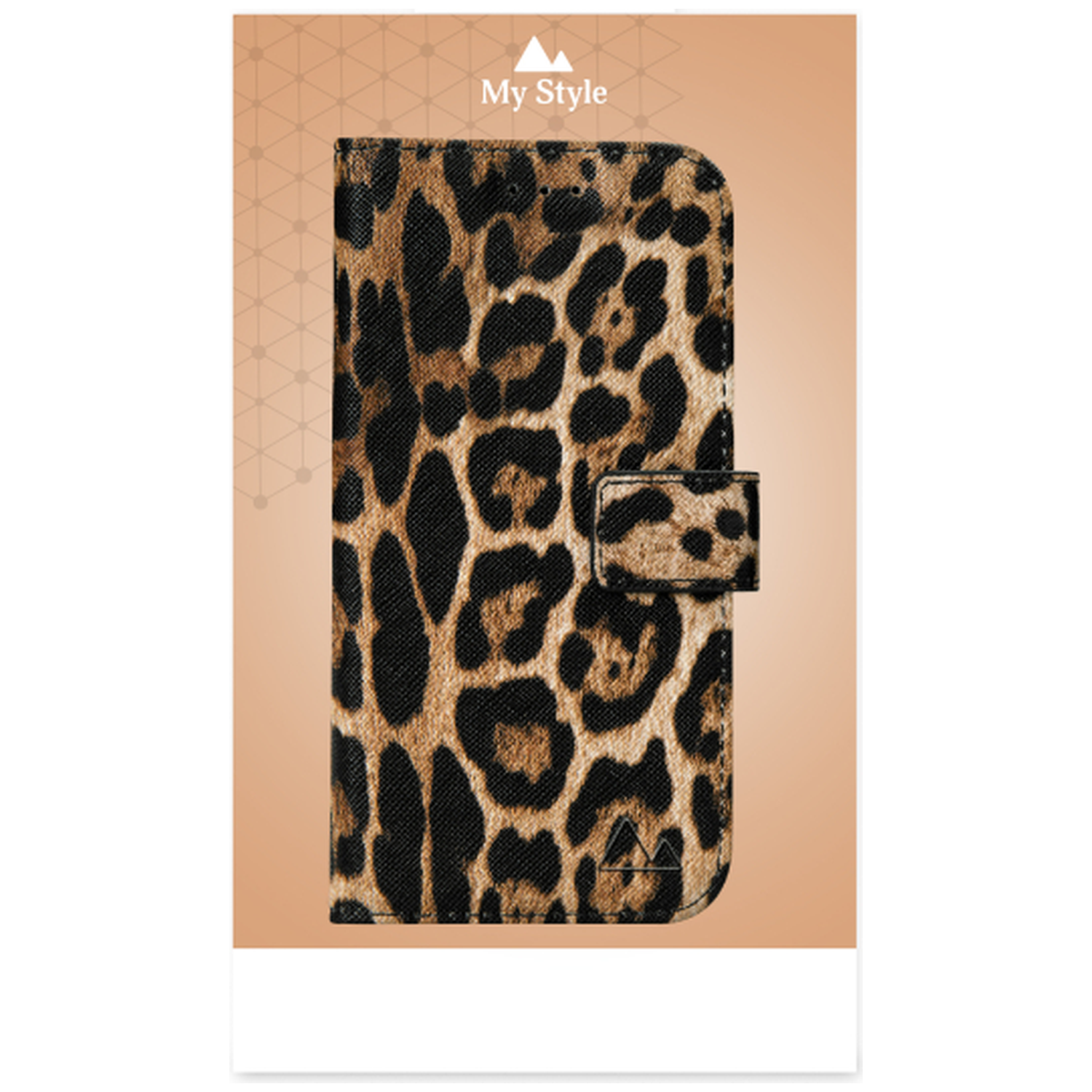 Une coque de téléphone à imprimé léopard est présentée. Elle présente un motif tacheté marron et noir avec une fermeture magnétique. Le fond est pêche.