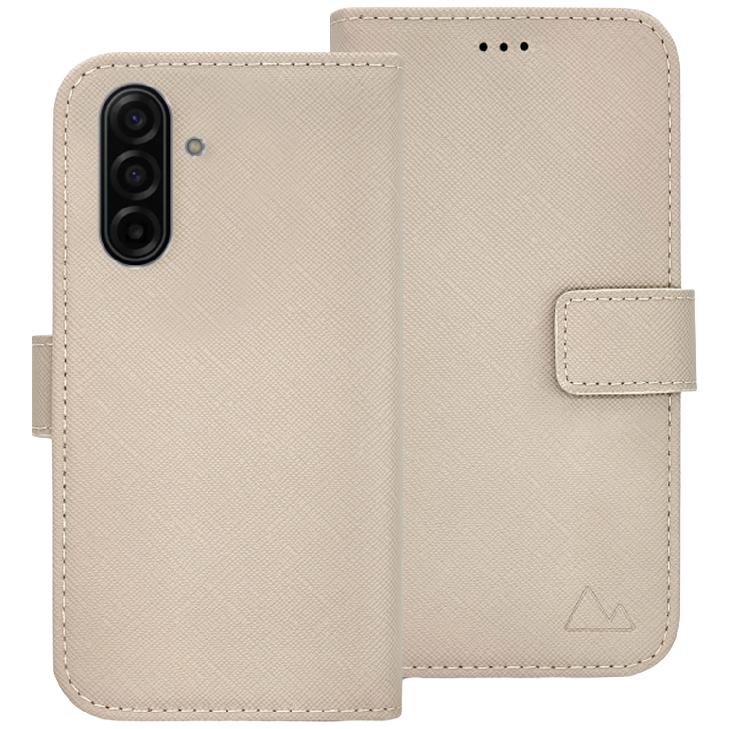 Een beige telefoonhoes is open. De linkerkant toont de camera van de telefoon. De rechterkant heeft een magnetische sluiting.