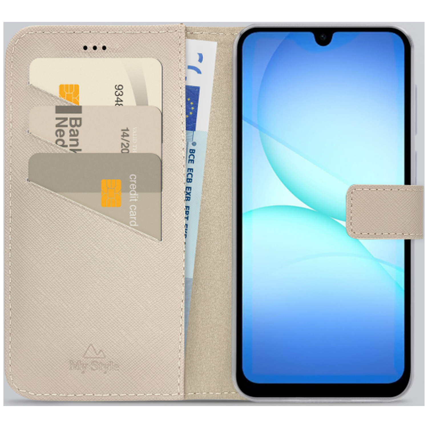 Een beige telefoonhoesje met een telefoon rechts en kaartsleuven links. Kaarten en een eurobiljet zijn zichtbaar. Het scherm van de telefoon staat aan.