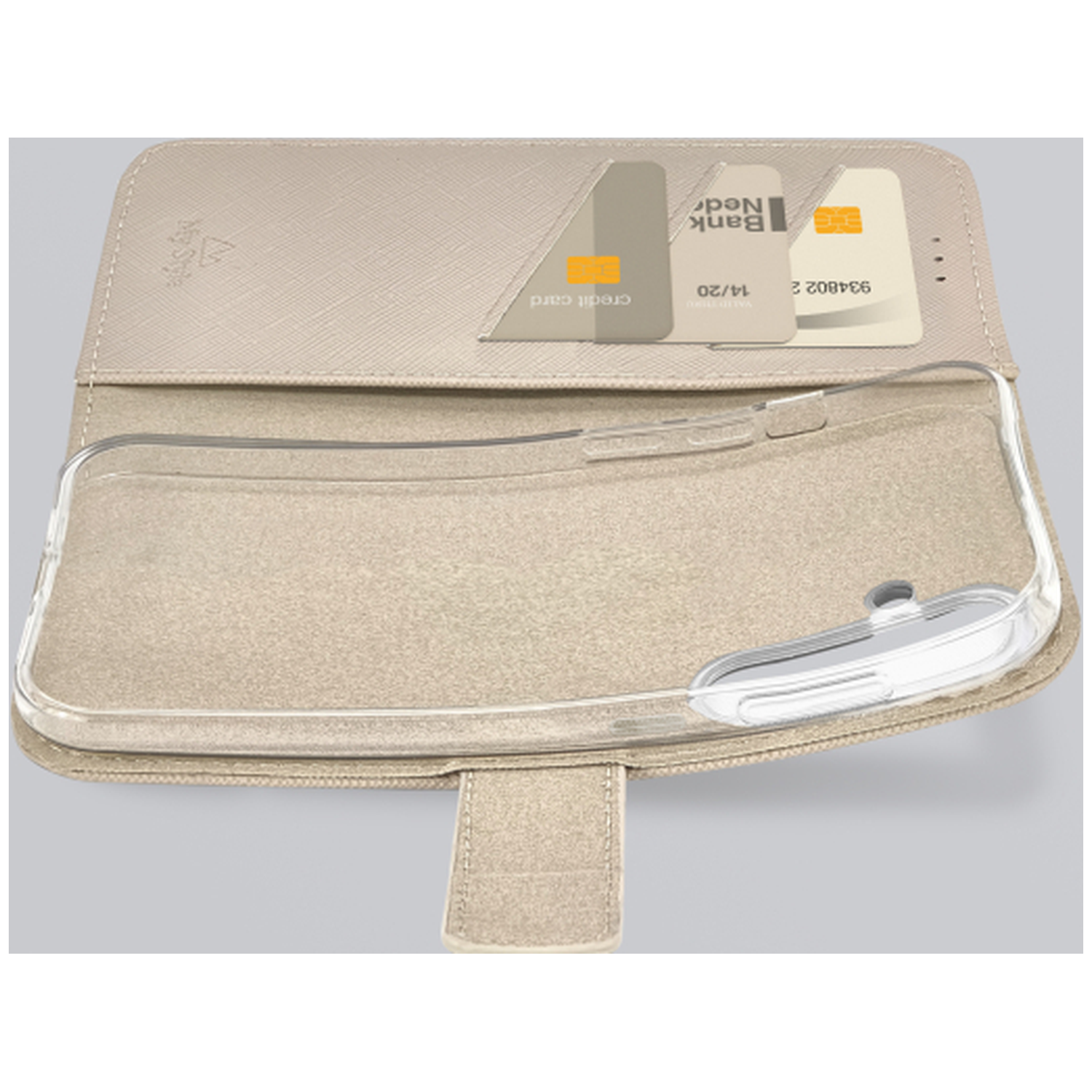 Open telefoonhoes met een transparante telefoonhouder, creditcards en een beige gestructureerde cover, op een grijze achtergrond.