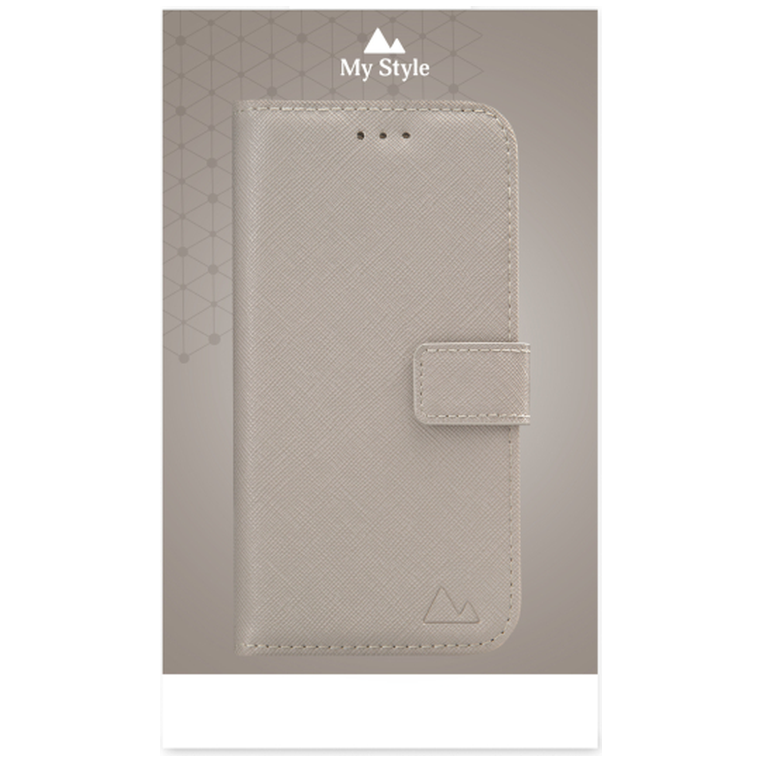 Een beige telefoonhoesje met een magnetische sluiting, een gestikte rand en een berglogo. De achtergrond heeft een patroon en de woorden My Style.