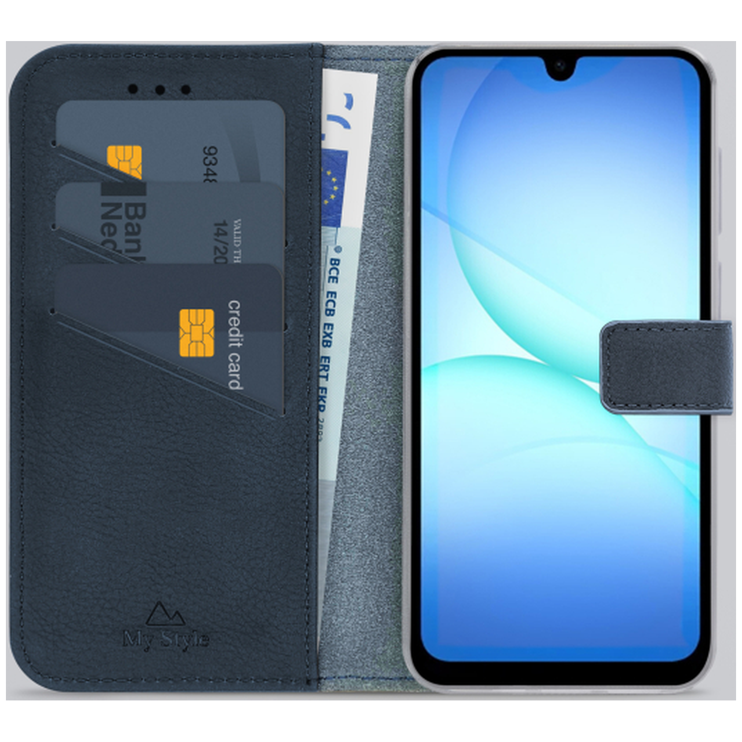 Étui de téléphone ouvert avec smartphone, cartes de crédit et argent visibles. L'étui est bleu avec un logo 'My Style' en bas.