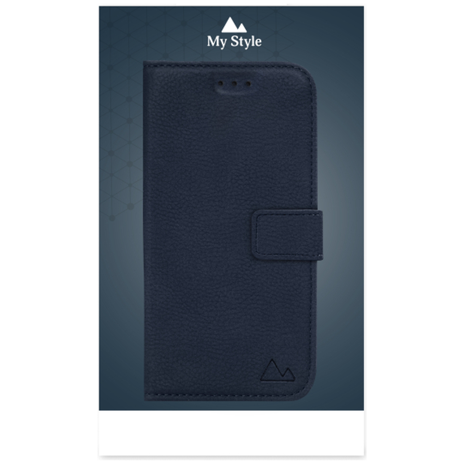 Un étui de téléphone bleu marine avec fermeture magnétique. La marque 'My Style' en haut, un logo montagne en bas.