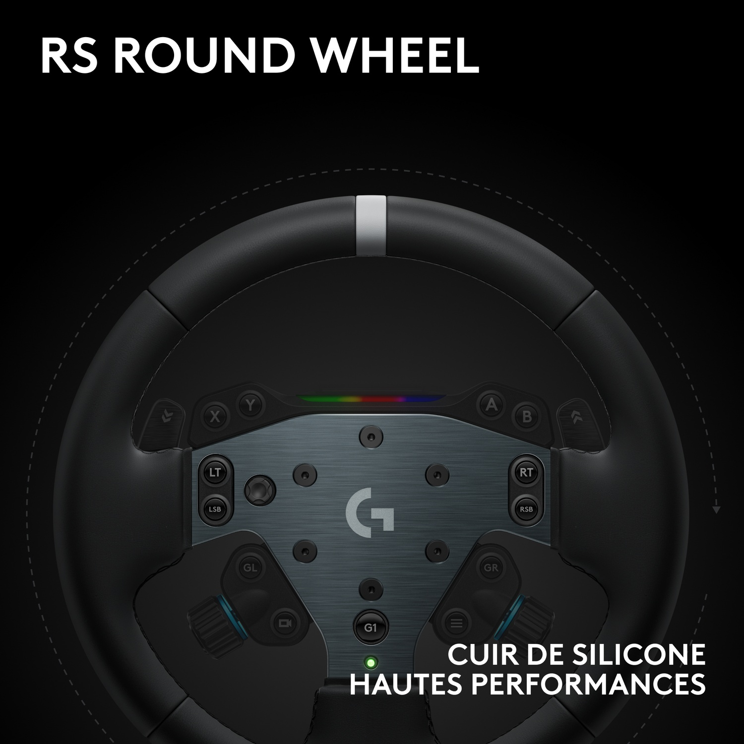 Un volant noir avec des boutons et un panneau central avec le logo 'G'. Texte : 'RS ROUND WHEEL' et 'CUIR DE SILICONE'.