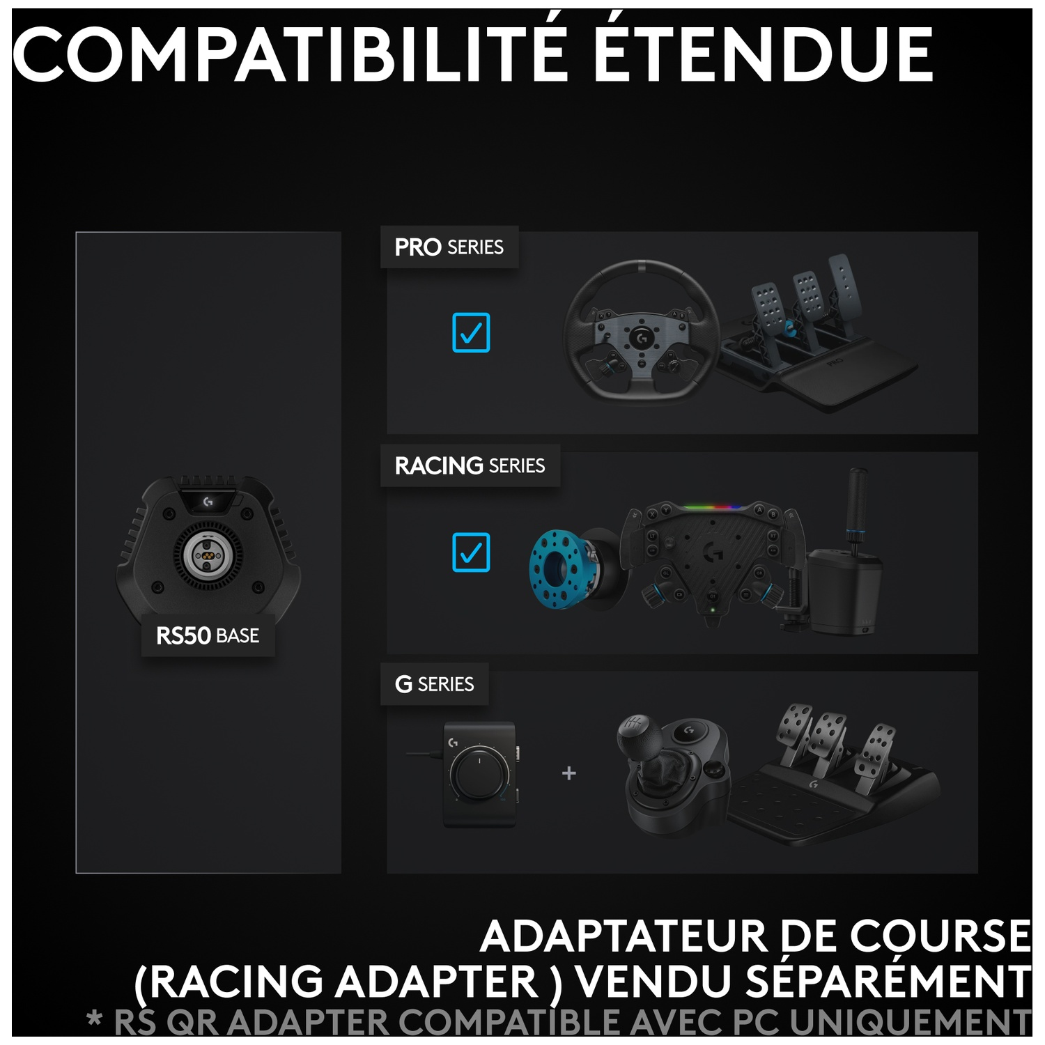 L'image montre des composants de volant de course : volant, pédales, levier de vitesses. Le texte indique la compatibilité avec différentes séries de produits.