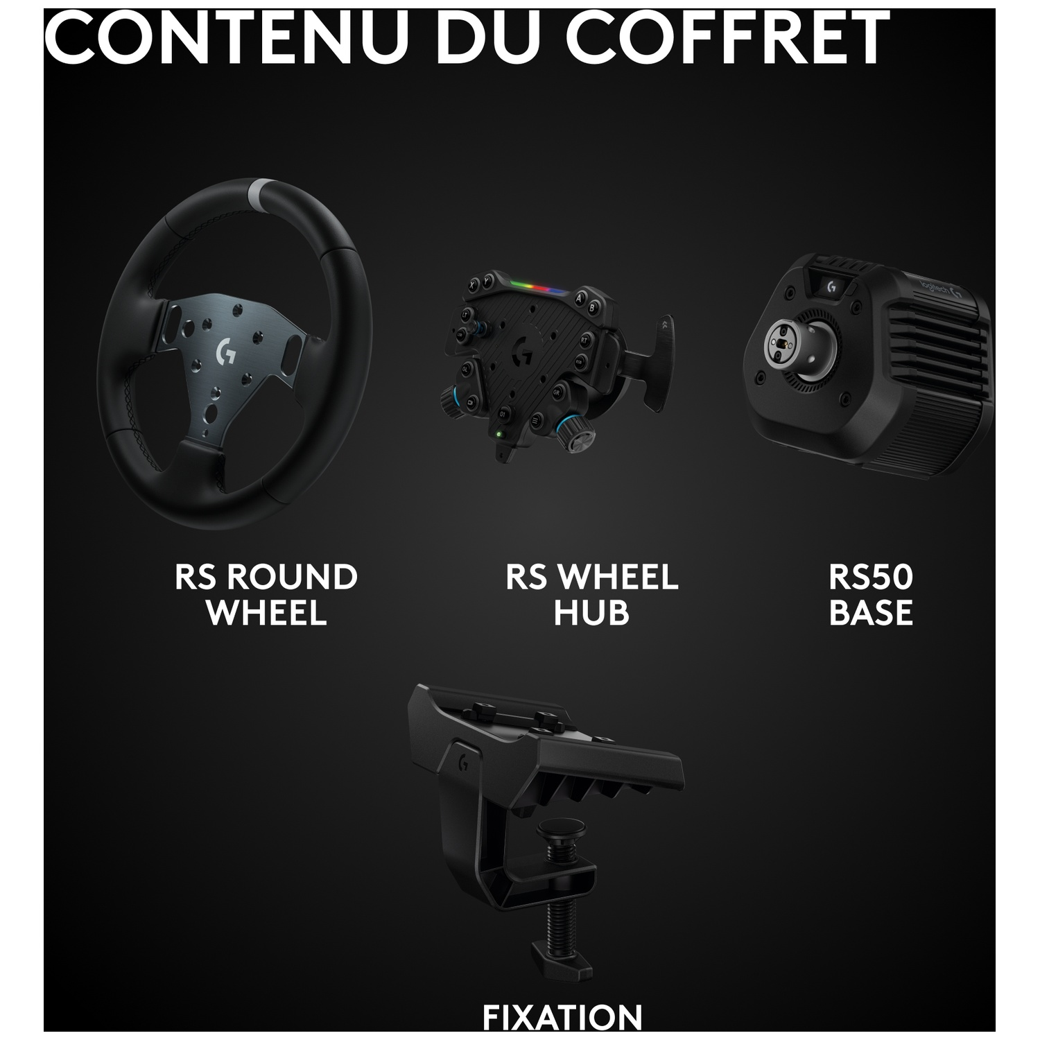 L'image montre un volant, un moyeu de roue, une base et une pince de fixation. Tous sont noirs et étiquetés avec leurs noms respectifs.