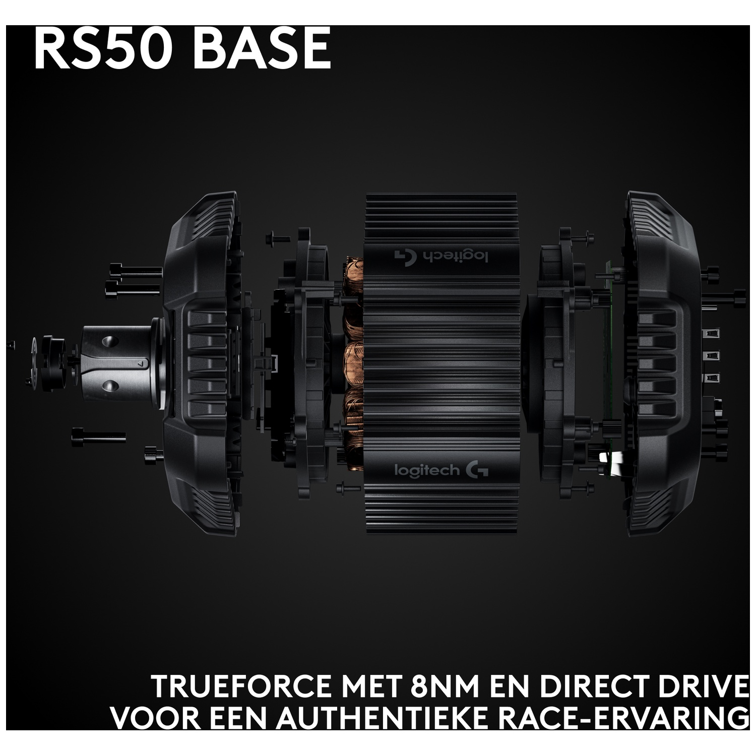 An exploded view of a black RS50 BASE. It features the Logitech G logo and text at the bottom. The background is black.