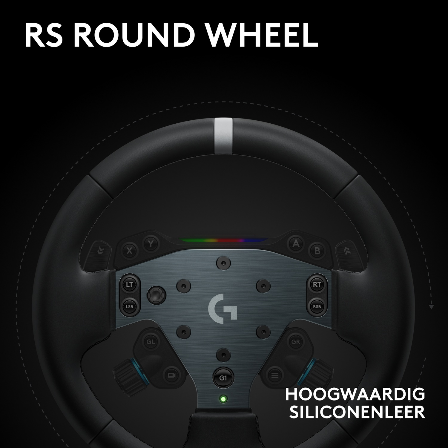 A black steering wheel with buttons and a central G logo is shown against a dark background, the text says RS ROUND WHEEL.