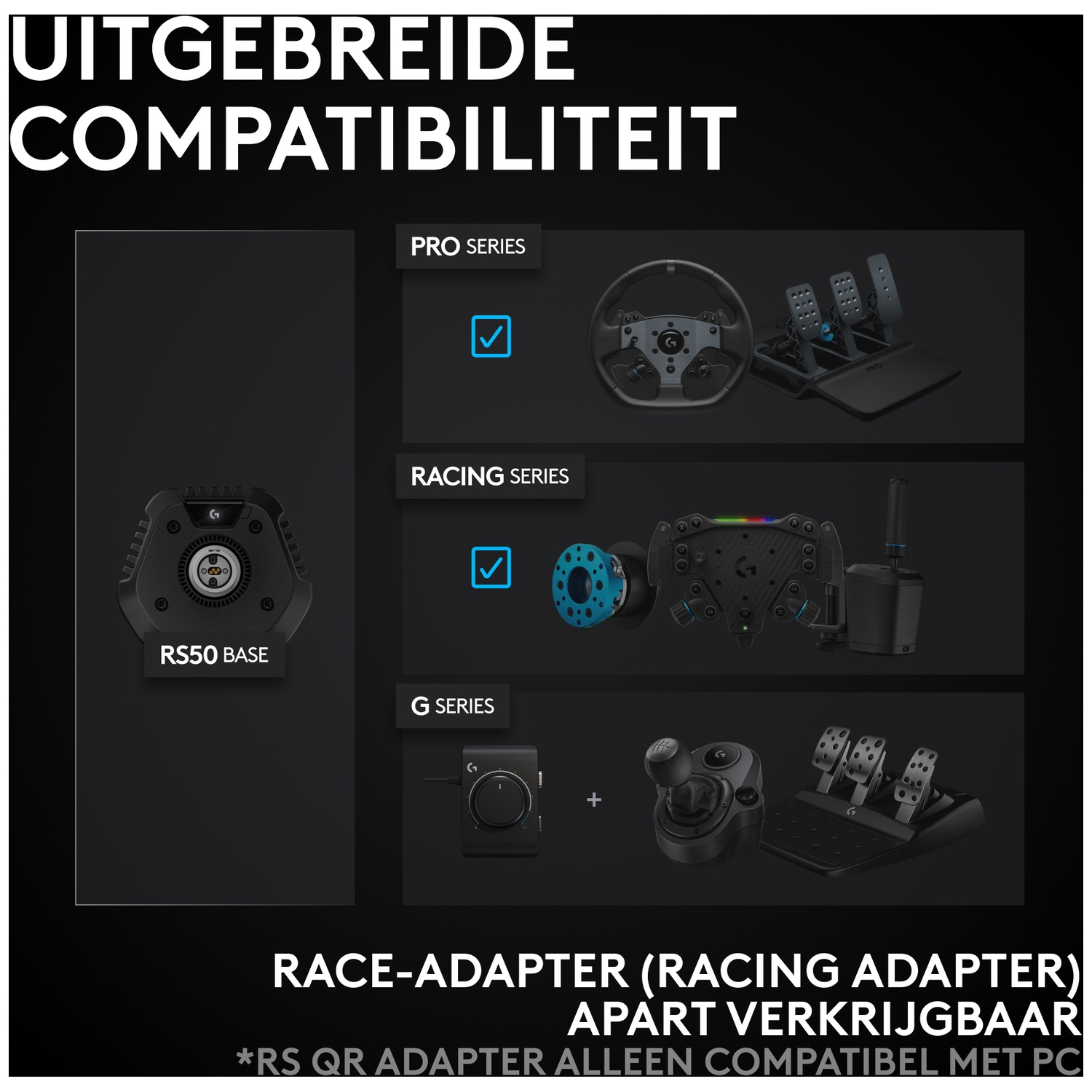 Image shows racing wheel components. Includes steering wheels, pedals, and a gear shift. Text indicates compatibility with different series.