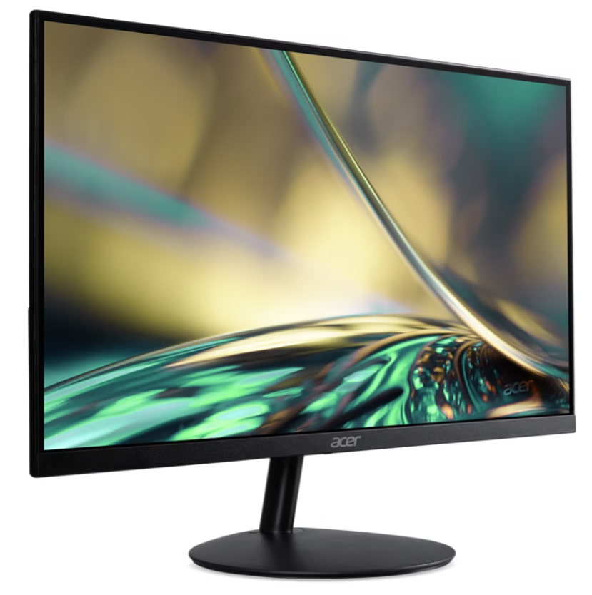 Acer monitor. Fekete keret, állvány. A képernyő zöld és sárga absztrakt dizájnt jelenít meg. Acer logó jobbra lent.