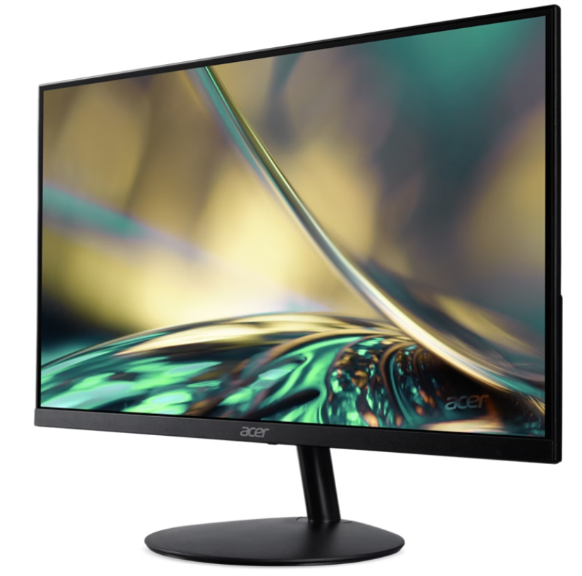 Acer számítógép monitor fekete kerettel és állvánnyal. A képernyő elmosódott, absztrakt zöld és arany dizájnt jelenít meg.