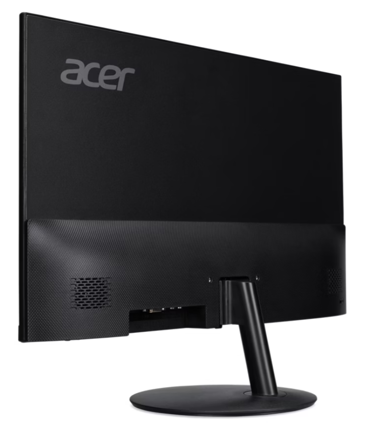 Fekete Acer monitor hátulnézete. Kijelző állvánnyal, kerek alappal és logóval. Az állvány a monitorhoz csatlakozik.