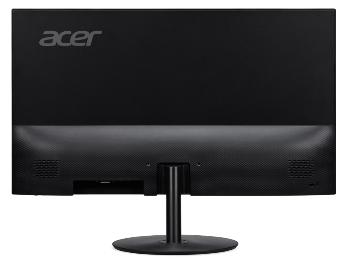 Egy fekete Acer monitor hátulja. Az Acer logója felül található. Az állvány fekete és a talpánál kerek.