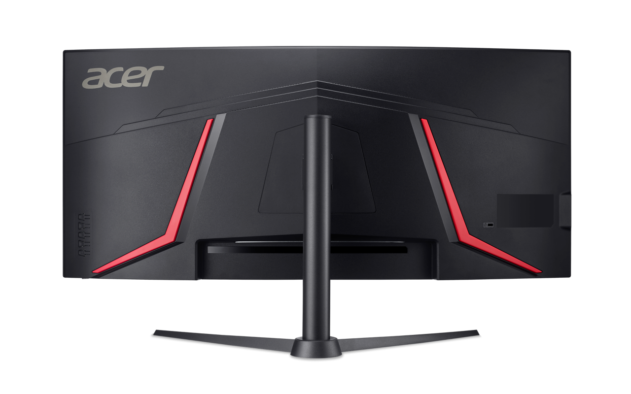 Fekete Acer monitor hátulja piros elemekkel. Állvánnyal és Acer logóval. A dizájn szögletes és modern.