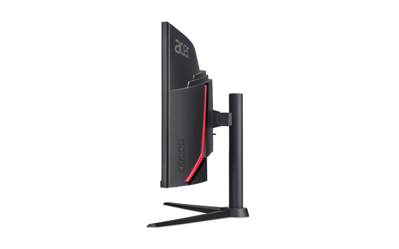 Fekete Acer monitor oldalsó nézete piros díszítéssel. A tartó fekete, Y-alakú talppal.