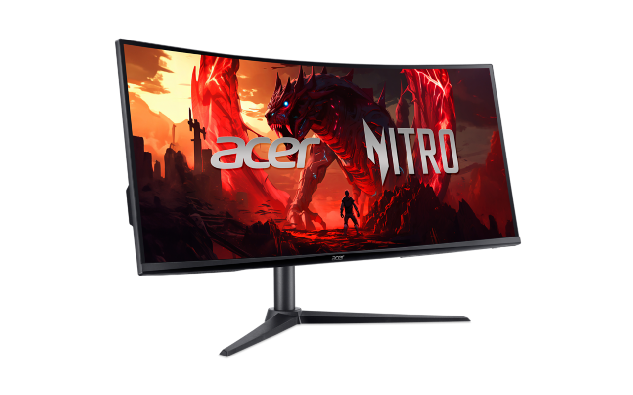 Acer Nitro ívelt monitor, amely egy tüzes jelenetet mutat sárkánnyal és egy figurával. A monitornak fekete állványa van.