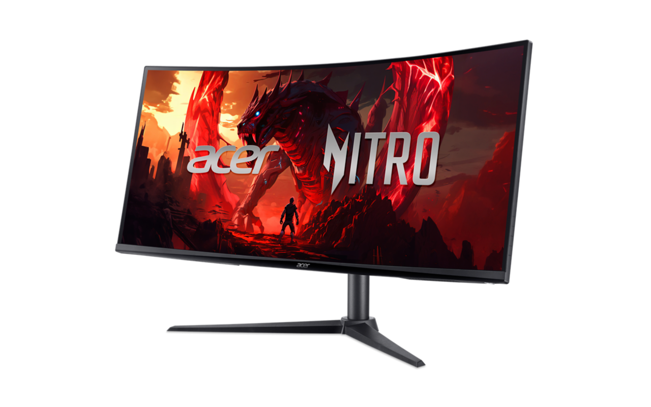Az ívelt Acer Nitro monitor egy sárkányos fantasy jelenetet jelenít meg. A fekete állvány tartja a képernyőt. A logó látható.